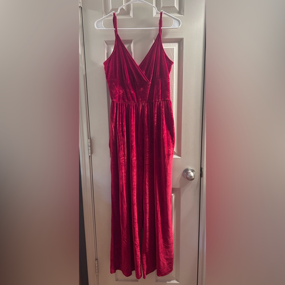 Women Red Velvet Party Wide-leg Jumpsuit